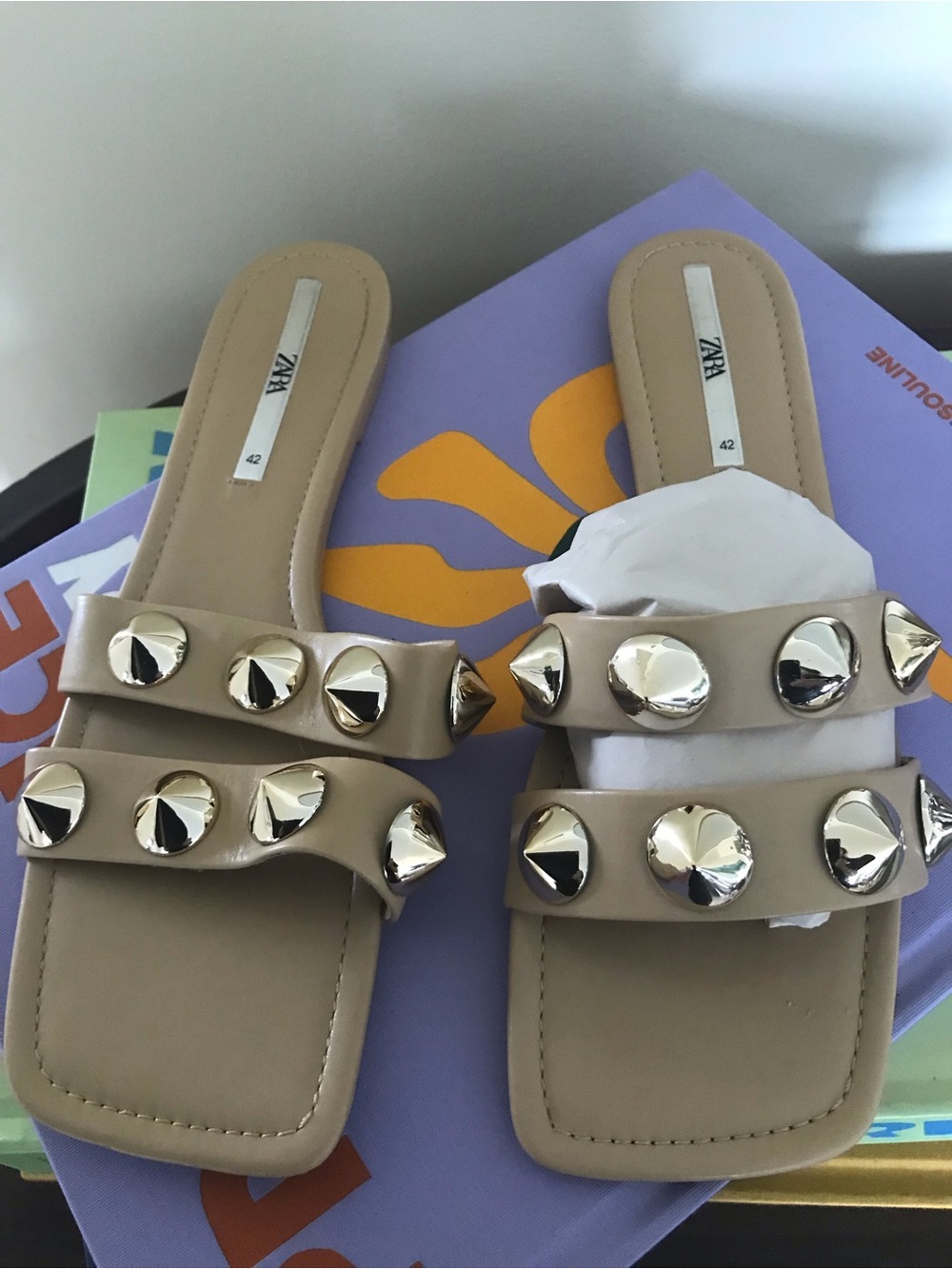 Zara Tan Slide Sandals with Gold Studs